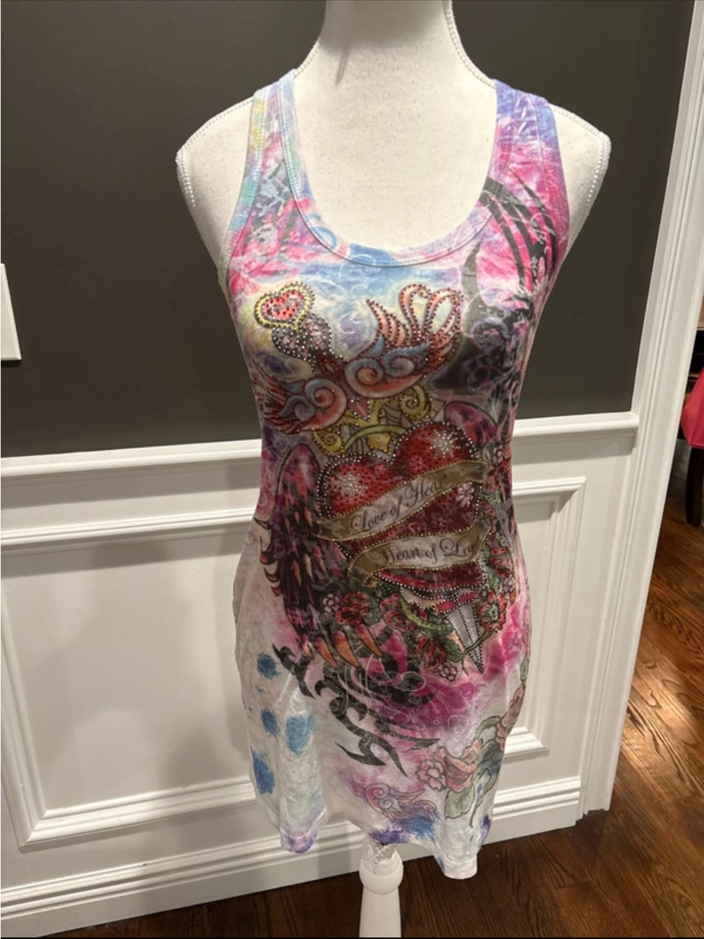 5th Culture Multicolor Rhinestone Heart Tank Dress - Pink & Blue